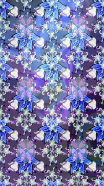 Suluboya çiçekli çiçek deseni. Mavi ve nötr renklerde Asya tekstil tarzında. Raster illüstrasyonu.