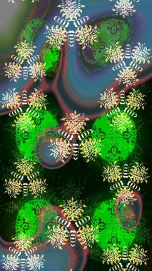 Raster illüstrasyonu. 3D çiçekler, eskiz. Yeşil renklerde.