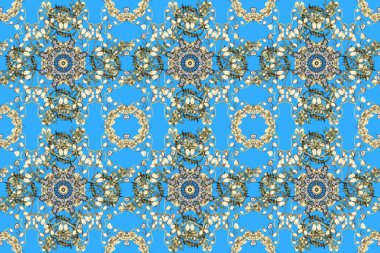 Kahverengi ve mavi renkli desenler. Duvar kağıtları ve ambalaj için güzel bir desen. Eski renkli desenler. Rococo tarzında zarif, zarif bir süs. Raster. Barok biçiminde kusursuz desen.