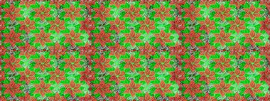 Kumaş desenli papatya çiçeği detayı. Yeşil ve turuncu renkte çiçekler.