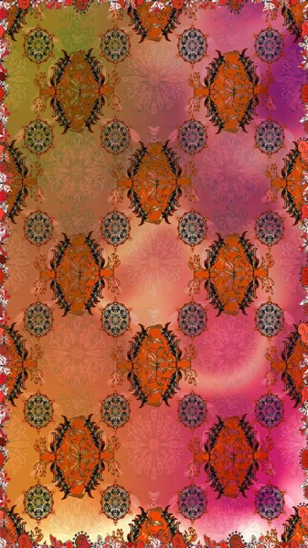 Parlak renkli fantezi çiçekleri, yapraklar kahverengi ve turuncu renkli tomurcuklar kahverengi ve turuncu. Çiçeksiz desenli, suluboya elle çizilmiş elementler..