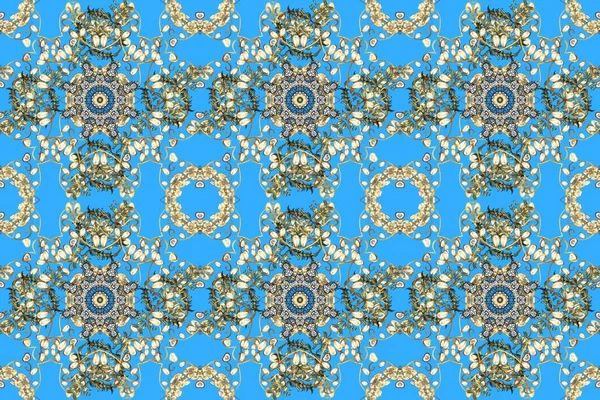 Kahverengi ve mavi renkli desenler. Duvar kağıtları ve ambalaj için güzel bir desen. Eski renkli desenler. Rococo tarzında zarif, zarif bir süs. Raster. Barok biçiminde kusursuz desen.