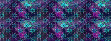 Çiçek desenli çizim. Raster illüstrasyonu. Asya tekstil tarzında. Raster illüstrasyonu. Mor ve mavi renkte çiçekler.