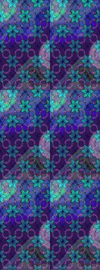 Mor ve mavi renklerde Asya tekstili. Raster illüstrasyonu. Suluboya çiçekli çiçek deseni.