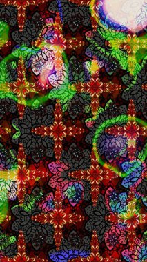 Siyah ve kahverengi renkli Asya tekstili. Raster illüstrasyonu. Suluboya çiçekli çiçek deseni.