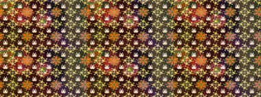 Retro tekstil tasarım koleksiyonu. El çizimi çiçek unsurları olan soyut çizim raster deseni. Çiçekli ipek eşarp. Kahverengi ve yeşil kahverengi ve yeşil. 1950 'ler-1960' lar motifleri.