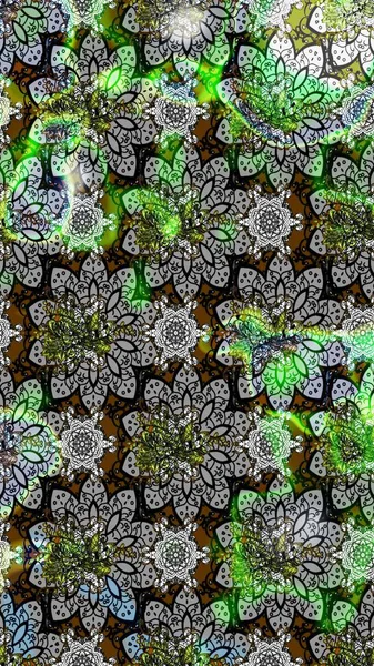 Gri ve yeşil renkte etnik çiçeklerle süslenmiş zarif bir eskiz şekli. Asya Tekstil 'inde Raster Çiçek İllüstrasyonu.