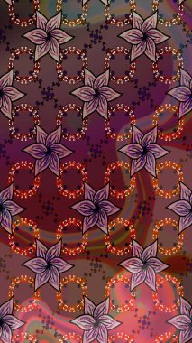 Çiçekli karalama şeklinde Raster çiçek deseni. Raster illüstrasyonu. Yumuşak, bahar çiçekleri kahverengi ve mor renklerde.