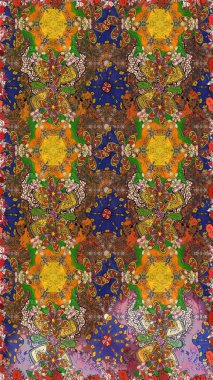 Raster illüstrasyonu. Şirin çiçekli eskiz deseni ve kahverengi ve yeşil renkli yapraklar, suluboya çiçek deseni, duvar kağıdı, kart veya kumaş için fayanslı.