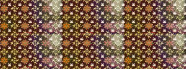 El çizimi çiçekli soyut çizim kalıbı. Kahverengi ve mor renkli çiçekler. Raster illüstrasyonu.