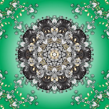 Yeşil ve beyaz renklerde renkli soyut desenli el çizimi vektör mandala. Çanta tasarımı.