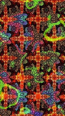 Suluboya elle çizilmiş çiçek desenli eskiz deseni. Parlak renkli fantezi çiçekleri, yapraklar, siyah ve kahverengi renkli tomurcuklar..