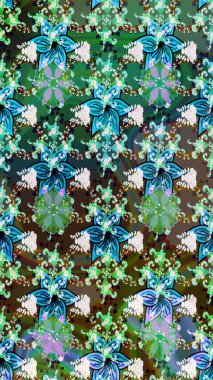 Klasik çiçek tasarımı elementleri. Yeşil ve mavi kıvırcık çiçekler yeşil ve mavi renklerde şekillenir. Raster illüstrasyonu.