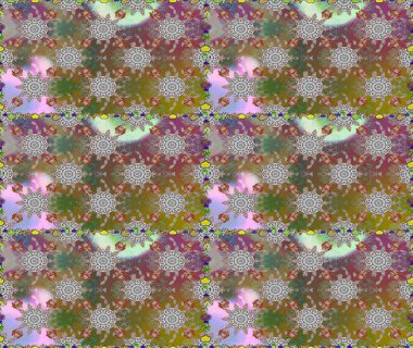 Çok renkli ve kahverengi zarif küçük çiçekler ve gri ve kahverengi renkli komik böcekler, raster deseni, illüstrasyon.