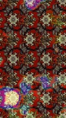 Çiçekler. Soyut etnik raster çizim kalıbı. Vadinin çiçekleri kahverengi ve kırmızı renklerde.