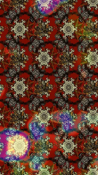 Çiçekler. Soyut etnik raster çizim kalıbı. Vadinin çiçekleri kahverengi ve kırmızı renklerde.