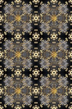 Senin tasarımın için, duvar kağıdı. Gri, kahverengi ve bej renklerde, altın çiçekli altın desenler. Raster geometrik arka plan. Altın rengi kusursuz illüstrasyon.