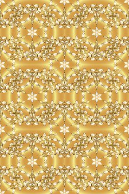 Sarı, bej ve nötr renklerde altın elementlerle kusursuz desen. Geleneksel oryantasyon süsü. Klasik klasik klasik arka plan. Kusursuz klasik raster altın desenli.