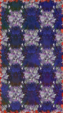 Raster illüstrasyonu. El çizimi çiçekli, soyut, pürüzsüz desen. Mor ve gri renkte çiçekler.