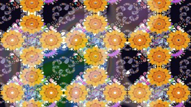 Güzel kumaş deseni. Raster suluboya deseni, narin çiçekler, sarı çiçekler, tebrik kartı şablonu..