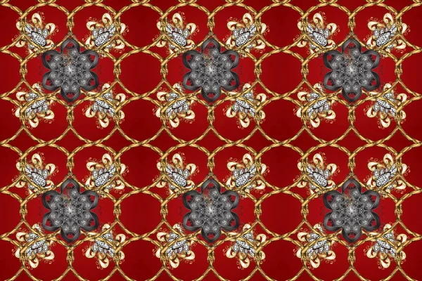 Düz elle çizilmiş klasik koleksiyon. Kırmızı, kahverengi ve gri renklerde altın desenli altın elementler. Raster altın pürüzsüz desen. Arkaplan, kumaş, altın duvar kağıdı.