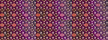 Raster Floral Illustration, Asyalı tekstil. Mor ve bej renkli etnik çiçeklerle zarif bir eskiz deseni..