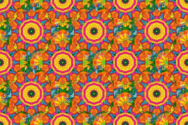 Raster suluboya çiçek deseni, narin çiçekler, sarı, turuncu ve mavi çiçekler, tebrik kartı şablonu. Güzel kumaş deseni.