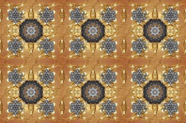 Kusursuz damaske klasik altın desen. Kahverengi, bej ve gri renklerde altın sarısı elementler. Tekrarlayan elementlerle soyut arkaplan oluşturun. Raster illüstrasyonu.