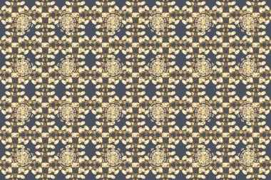 Şık bir grafik desen. Bej, mavi ve kahverengi renklerde altın elementler. Kusursuz raster arka plan. Çiçek deseni. Duvar kâğıdı barok, İspanyol kumaşı.