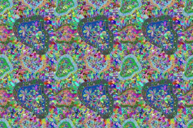 Duvar kağıdı, web sitesi arka planı, ambalaj kağıdı, davetiye, broşür, afiş veya web sitesi için kusursuz çiçek deseni kullanılabilir. Parlak elementlerin el çizimi.