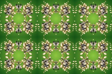 Süslü dekorasyon. Yeşil, bej ve gri renklerdeki altın desenli altın elementler. Lüks, kraliyet ve Viktorya dönemi konsepti. Raster klasik barok çiçeksiz altın desenli..