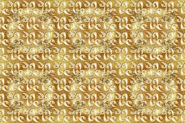 Raster illüstrasyonu. Damask altın soyut çiçek deseni bej, sarı ve kahverengi renklerde. Süsleme.
