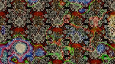 Gri ve kahverengi renkli çiçekler. Çiçek desenli çizim. Raster illüstrasyonu. Raster illüstrasyonu. Asya tekstil tarzında.