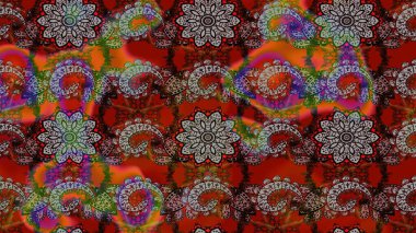 Asya tekstil tarzında. Raster illüstrasyonu. Raster illüstrasyonu. Kahverengi ve kırmızı renkte çiçekler. Çiçek desenini çiz.