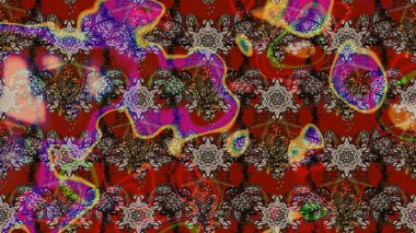 Eskiz arkaplan modeli. Yapraklı çiçekler ve kahverengi ve kırmızı renklerde papatya çiçekleri. Raster - stok.