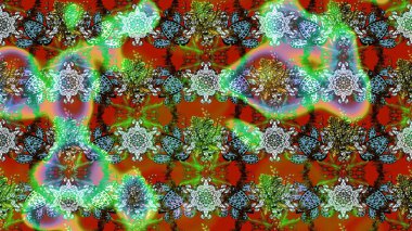 Soyut etnik raster çizim kalıbı. Yeşil ve kahverengi renkli vadi çiçekleri. Çiçekler..