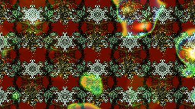 Raster Floral Illustration in asian textile. Elegance sketch pattern with ethnic flowers on green and red colors.