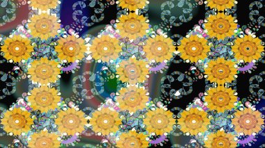 Raster illüstrasyonu. Çiçek süslemeli çizim deseni. Sarı renkte çiçekler.