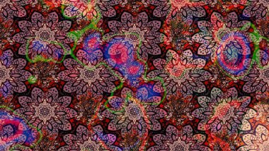 Güzel kumaş deseni. Asya tekstil tarzında. Çiçek desenli çizim. Raster illüstrasyonu. Düz Çiçek Elementleri Tasarımı. Renkli Bahar Teması çizim şablonu.