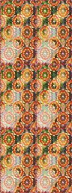 Raster geometric background. For your design, wallpaper. Golden seamless pattern on orange and brown colors with golden floral elements. Golden color seamless illustration.