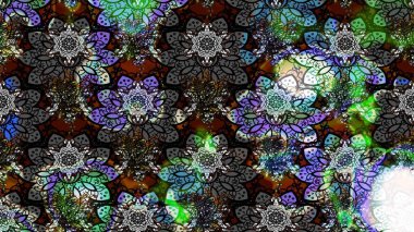 Parmak izi, kumaş, duvar kâğıdı, tekstil için raster dokusu. Renkli grunge soyut arka planda kologray ve siyah çiçeklerle zenginleşir. Nakış desenli çiçek deseni..