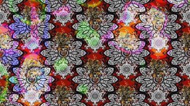 Raster illüstrasyonu. Çiçek desenli çizim. Asya tekstil tarzında. Güzel kumaş deseni. Düz Çiçek Elementleri Tasarımı. Renkli Bahar Teması çizim şablonu.