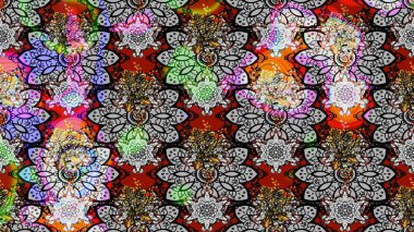 Raster illüstrasyonu. Çiçek desenli çizim. Asya tekstil tarzında. Güzel kumaş deseni. Düz Çiçek Elementleri Tasarımı. Renkli Bahar Teması çizim şablonu.