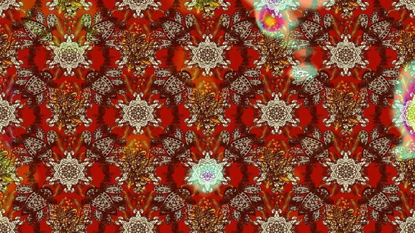 Raster Modaya uygun kumaş deseni. Renkli Bahar Teması eskiz kalıbı. Kahverengi ve kırmızı renkli şirin çiçek desenleri. Düz Çiçek Elementleri Tasarımı.