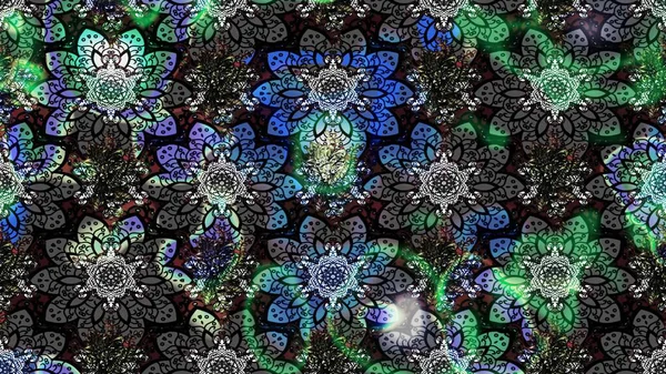 Nakış desenli çiçek deseni. Renkli grunge soyut arka planda kologray ve siyah çiçeklerle zenginleşir. İzler, kumaş, duvar kağıtları, tekstil için raster dokusu.