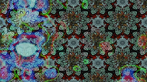 Raster illustration. In asian textile style. Raster illustration. Flowers on blue and green colors. Sketch flowers pattern.