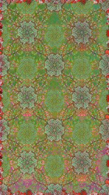 Yeşil ve nötr renklerde etnik çiçeklerle kusursuz bir desen. Asya Tekstil 'inde Raster Çiçek İllüstrasyonu.