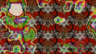 Parmak izi, kumaş, duvar kâğıdı, tekstil için raster dokusu. Renkli grunge, renkli ve kahverengi çiçeklerle soyut bir arka plan oluşturur. Nakış desenli çiçek deseni..