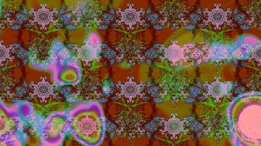 Raster illüstrasyonundaki çiçek desenli çizim. Kahverengi ve yeşil renkte çiçekler.