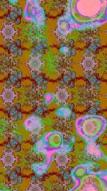 Tekstil için suluboya eskiz deseni. El çizimi çiçek çizimi deseni (fayans). Şirin çiçekli, desenli, kahverengi ve yeşil renkli çizim deseni.